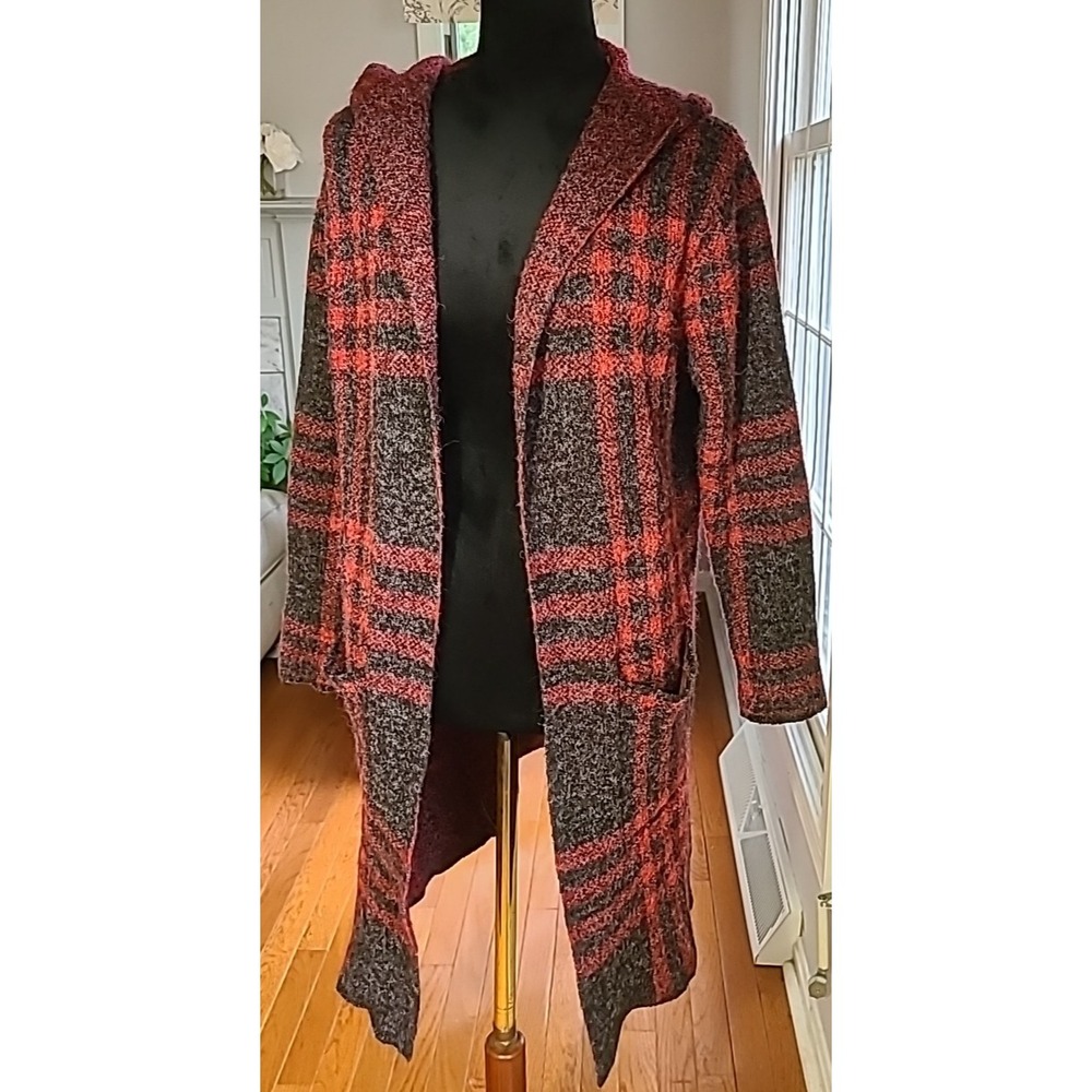 Natural Reflections Red Tartan Plaid‎ Long Hooded Cardigan Coatigan Medium